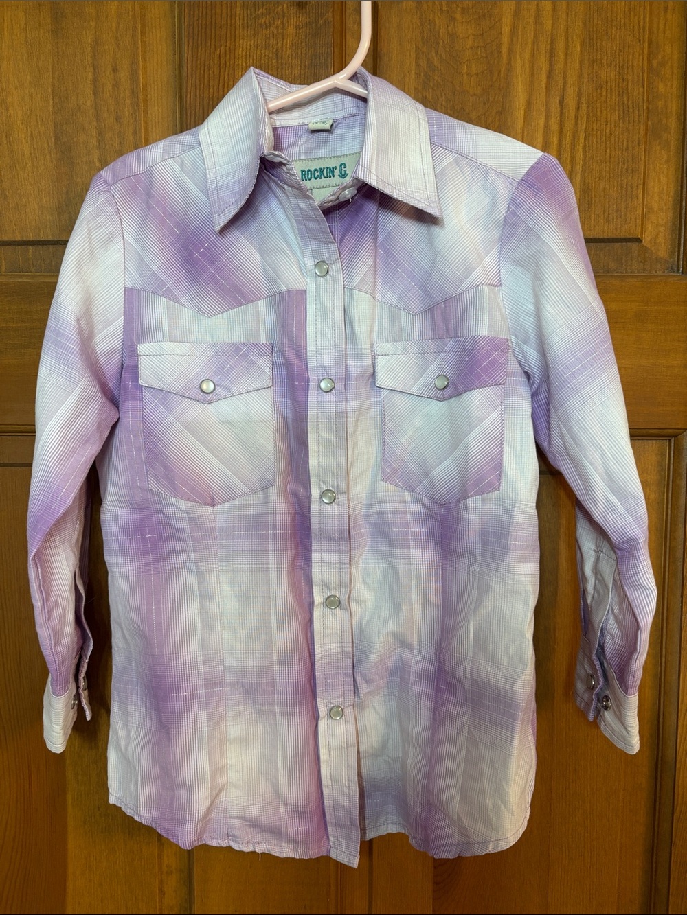 Rockin C western snap shirt in purple plaid size XS 4-5
